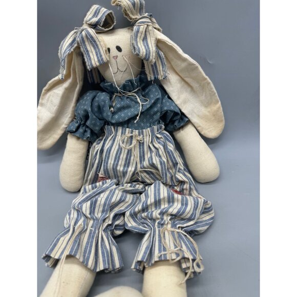 Handmade Fabric Bunny Doll Blue Polka Dot Top & Striped Pants Easter 19" READ - Picture 5 of 6